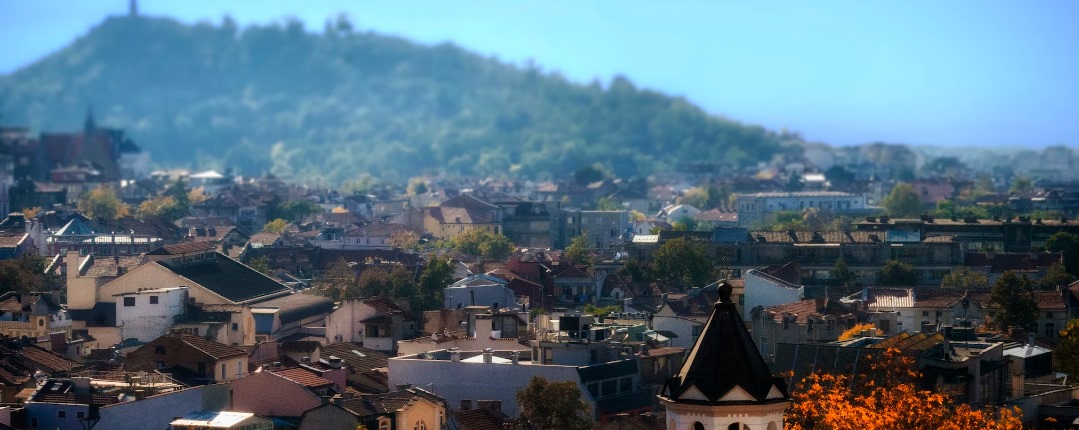 Rooftops in front of a forested hillside in Bulgaria