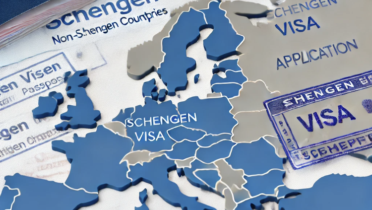 A realistic map of Europe showing Schengen countries highlighted in blue and non-Schengen countries in gray. The image includes a Schengen visa approval stamp, flight tickets, and a European embassy building in the background, focusing on the travel and visa application process.