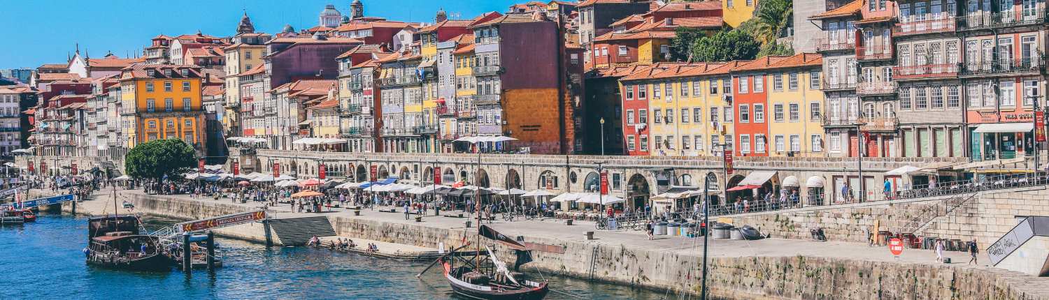 Boats alongside a pedestrian waterfront in Portugal