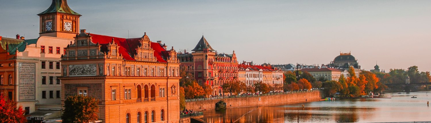 Restored medieval architecture along the River Vltava in central Prague