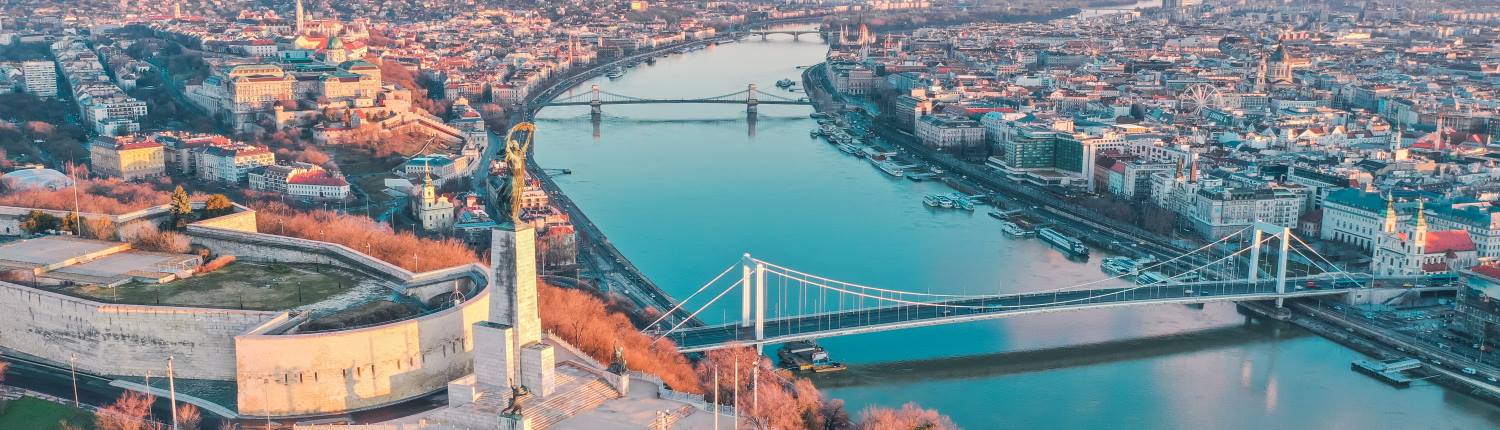 An aerial view of the Danube river running through the centre of Budapest, Hungary